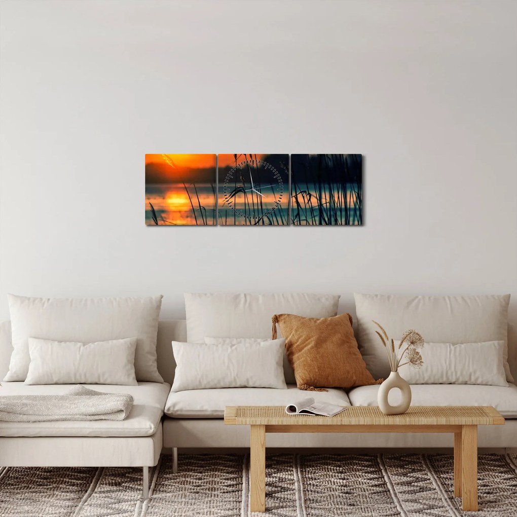 Obraz - Zachód słońca nad jeziorem (z zegarem) (90x30 cm)