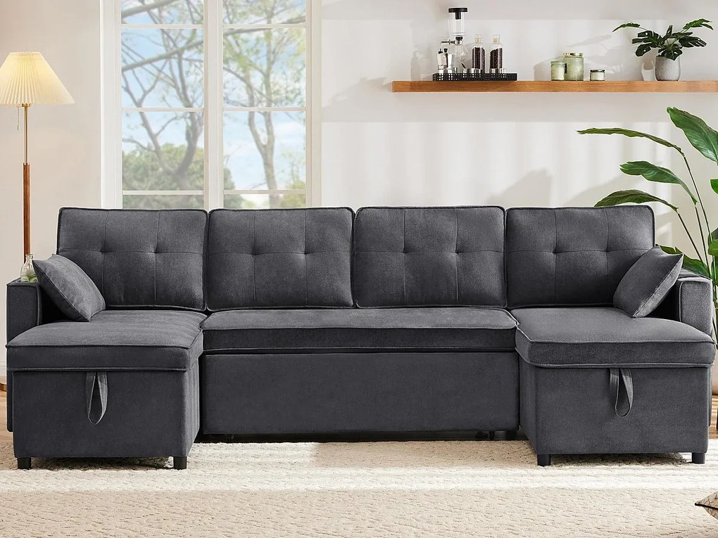 Kanapa w kształcie U 270x130x86cm - Kanapa tapicerowana - Tkanina bawełniana i lniana - Z uchwytem na kubek - Dwie komory do przechowywania - Szary