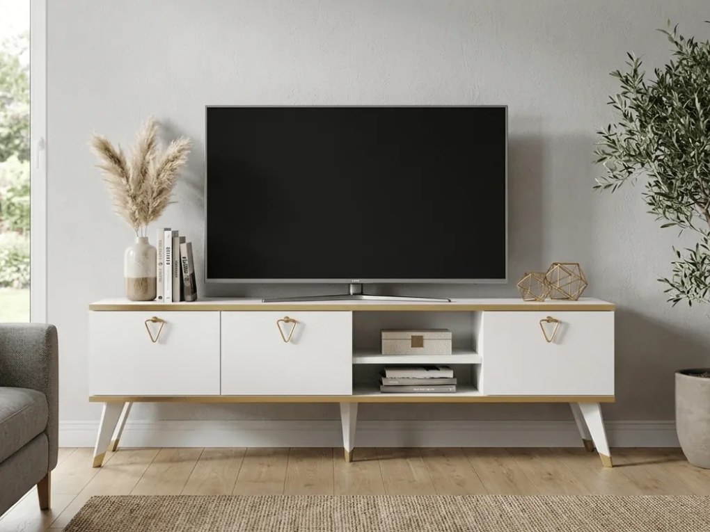 Stolik RTV CAROL 160 cm, biały/złoty