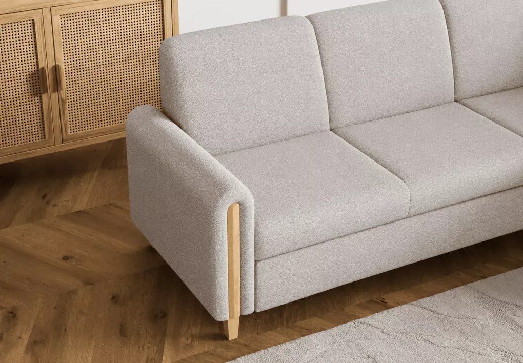 Narożnik Seatle – designerski mebel wypoczynkowy z funkcją spania delfin, pojemnikiem i drewnianymi detalami