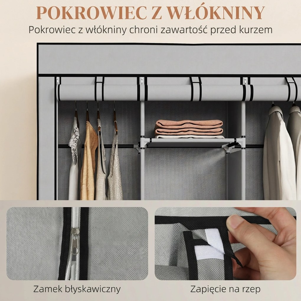 HOMCOM Szafa z tkaniny, rozwiązanie do przechowywania, 8 półek, 2 drążki, szary