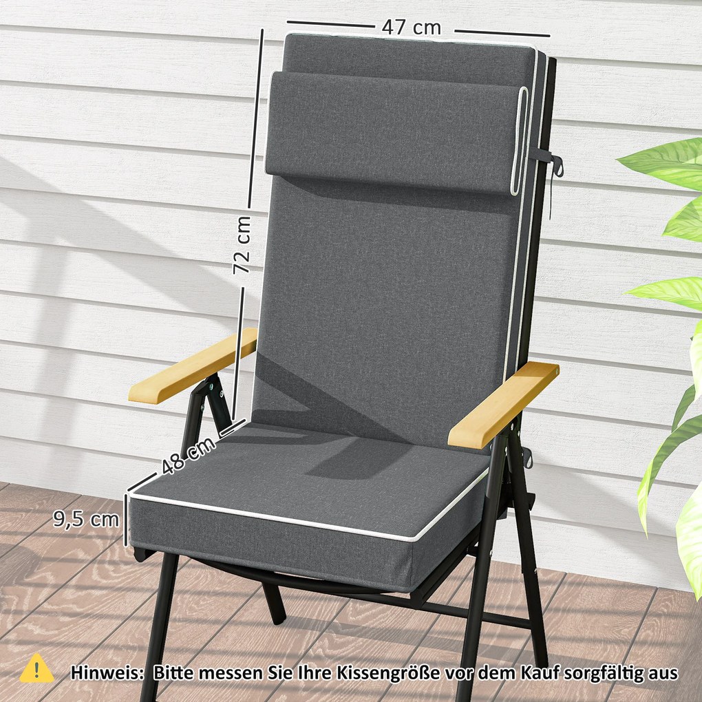 Outsunny Poduszka na siedzisko 120 x 47 x 9,5 cm odporna na wodę z paskami, zagłówek, UPF50+ Ciemnoszara