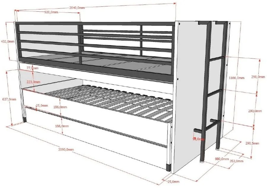 Białe piętrowe łóżko dziecięce z wysuwanym łóżkiem i stelażem 90x200 cm Sam – Vipack