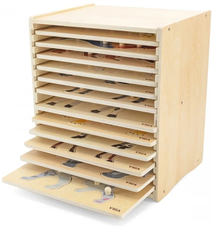 Viga zestaw puzzle drewniane 12 układanek zwierzątka montessori + stojak