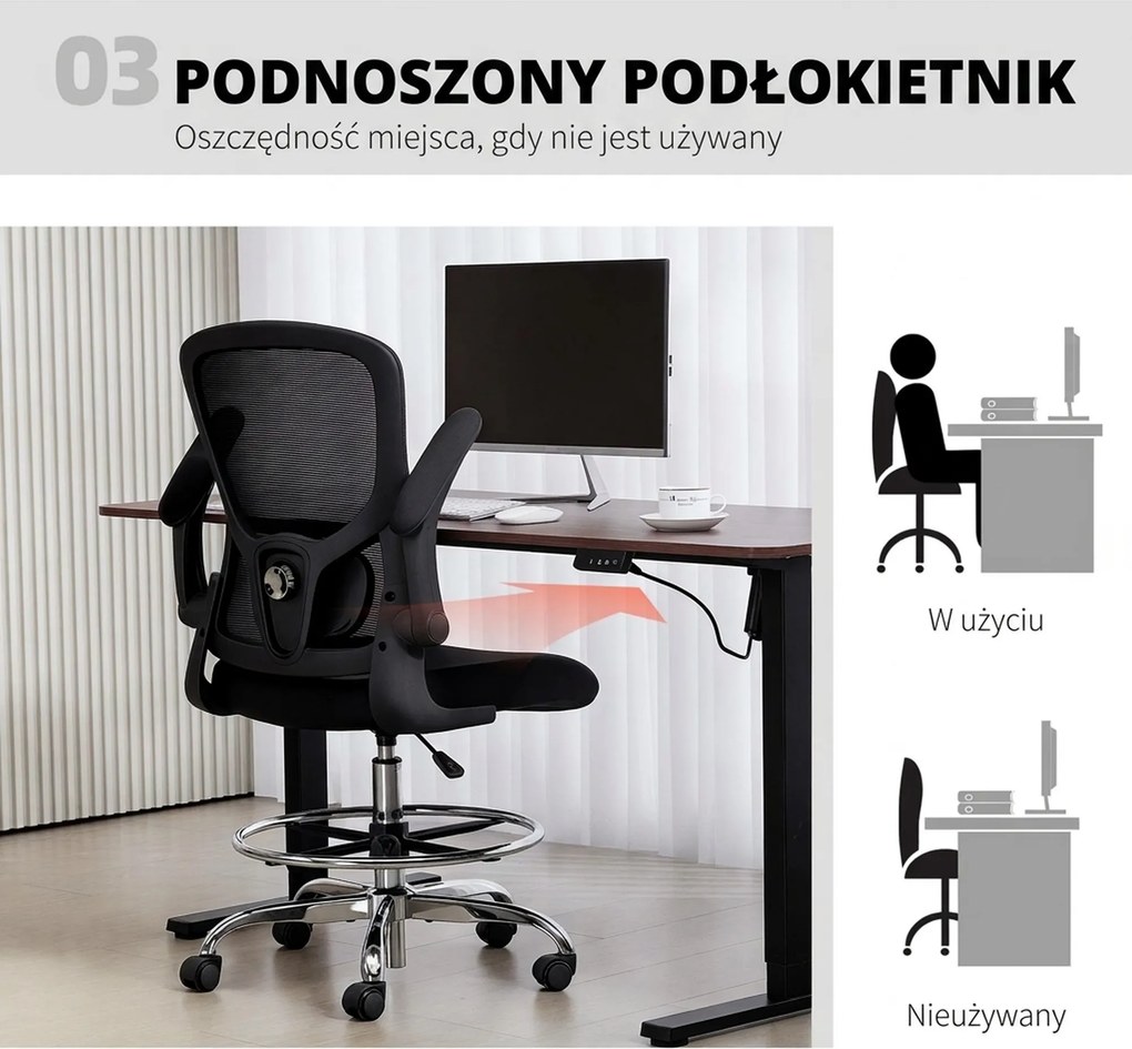 HOMCOM Krzesło do rysowania z podparciem lędźwiowym, regulacją wysokości, obrotowe, do home office, studia, projektów artystycznych, czarne
