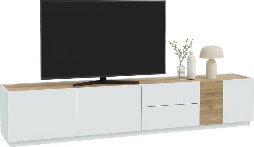 Stojący stolik RTV Lewisville 141 z 3 szafkami i 2 szufladami, Secret Grey/dąb Valencia
