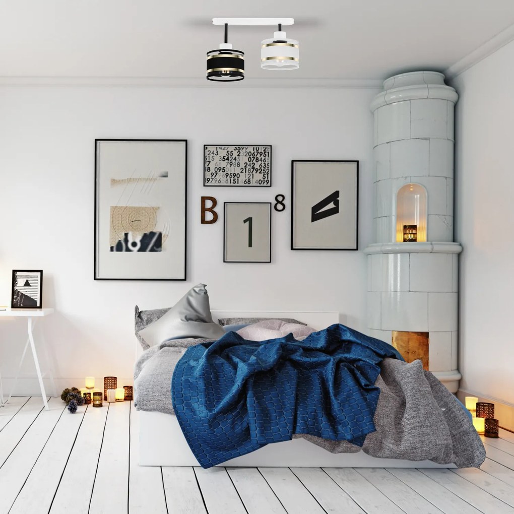 Lampa sufitowa biała dwupunktowy spot z czarno-białymi abażurami T-330