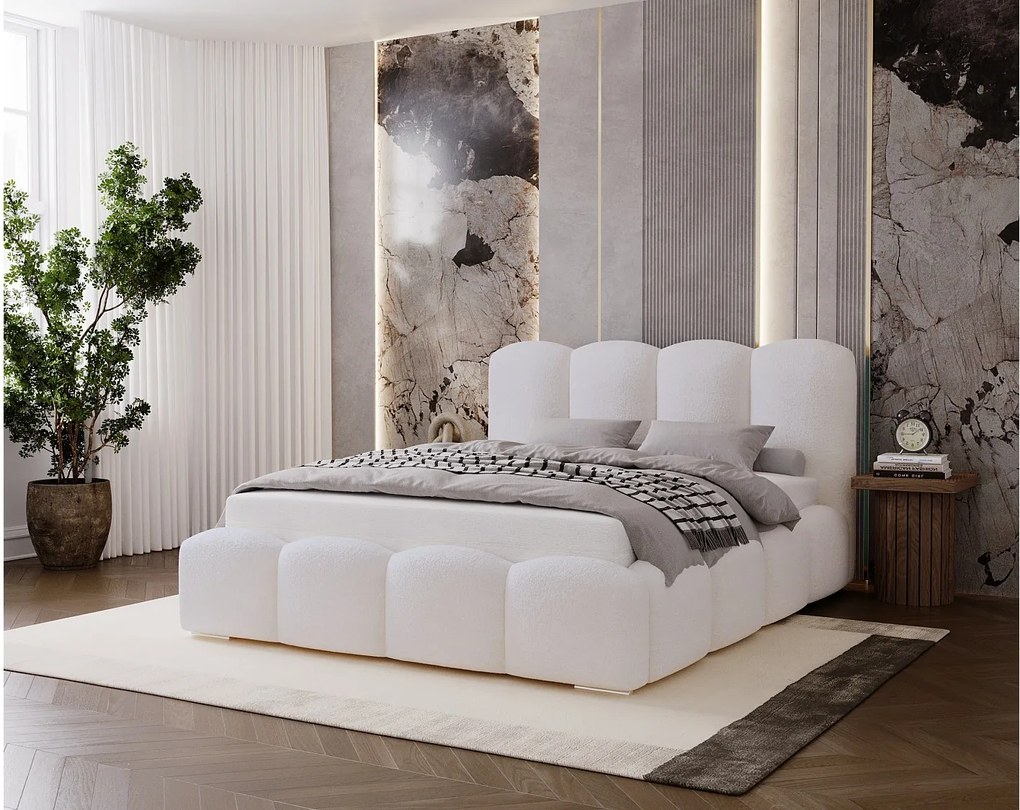 BESILIO Łóżko tapicerowane 160x200 Fluffy – łóżko chmurka boucle, z pojemnikiem na pościel i stelażem, gruba pianka, nowoczesne łóżko do sypialni – Biały