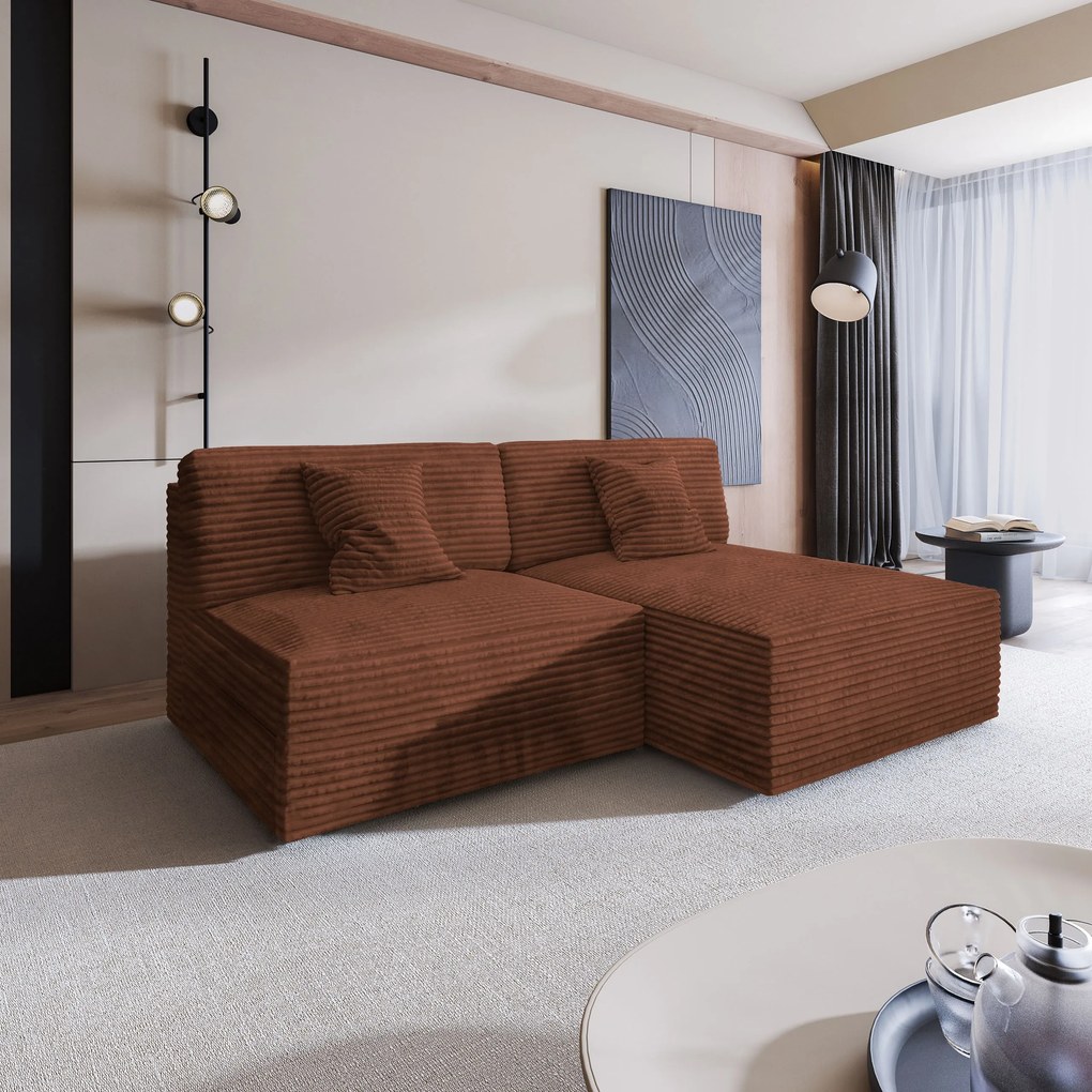 Masseno Narożnik FIORO z funkcją spania i pojemnikiem na pościel Narozniki L, Rozkładana sofa - Brązowy, TILIA 52