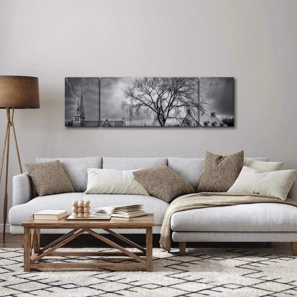 Obraz czarno - białej wioski (170x50 cm)
