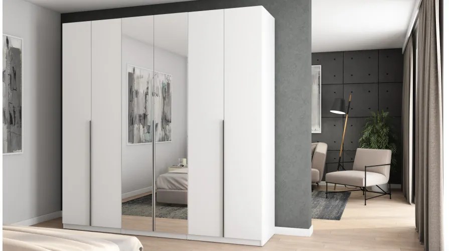 Szafa 6 drzwiowa z lustrem otwierana 240 x 240 cm – biała ze srebrnymi uchwytami