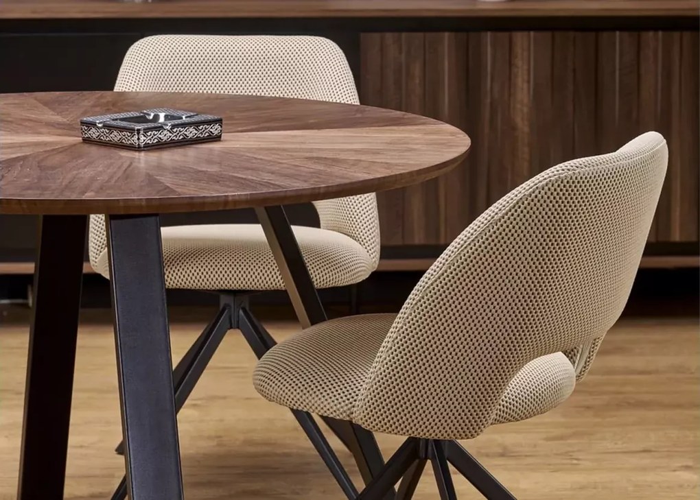 Stół okrągły Kioto 120 cm orzech – loftowy, MDF okleina naturalna, czarne nogi stalowe