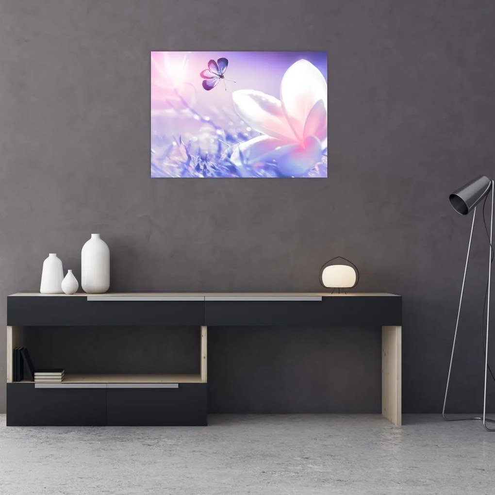Obraz - Motyl lecący do kwiatu (70x50 cm)