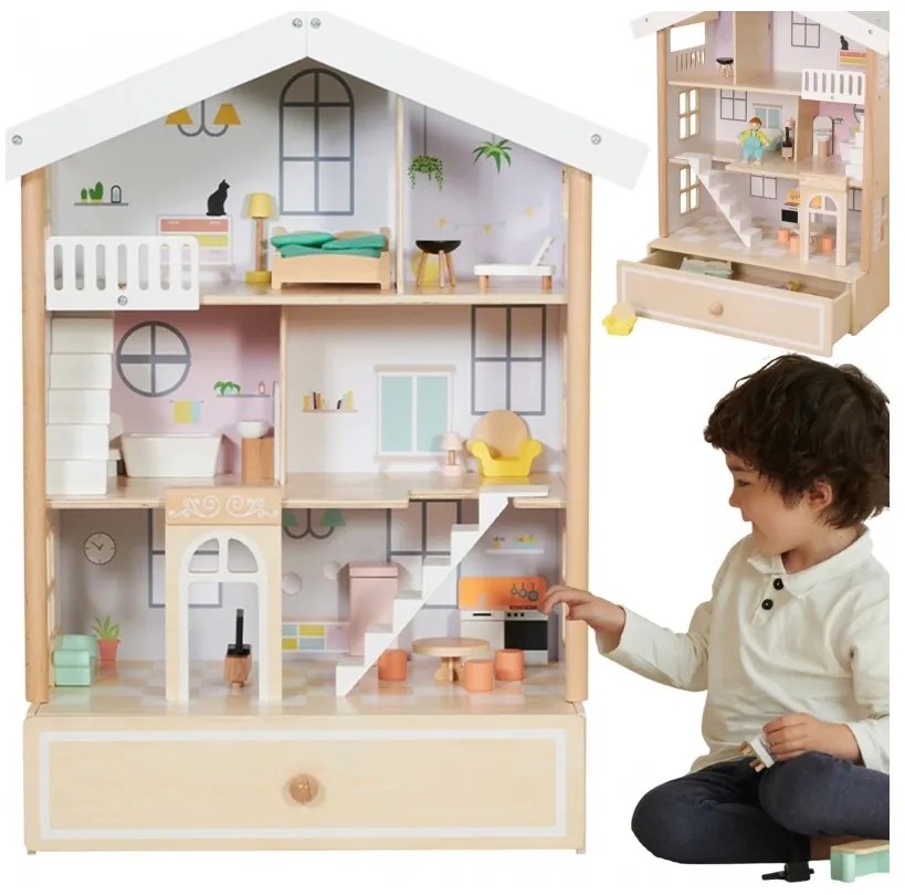 Classic world duży drewniany domek dla lalek 2 figurki naturalne drewno 28 el.