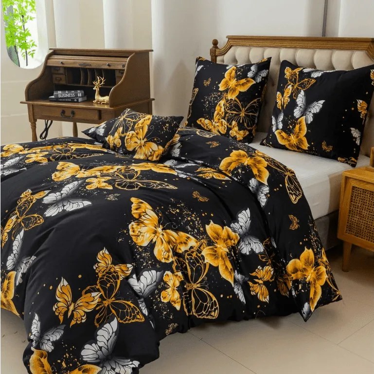 PrzytulneMieszkanie.pl PrzytulneMieszkanie.pl Pościel z mikrofibry GOLD BUTTERFLY czarna Rozmiar pościeli: 2 szt 70 x 90 cm | 200 x 220 cm
