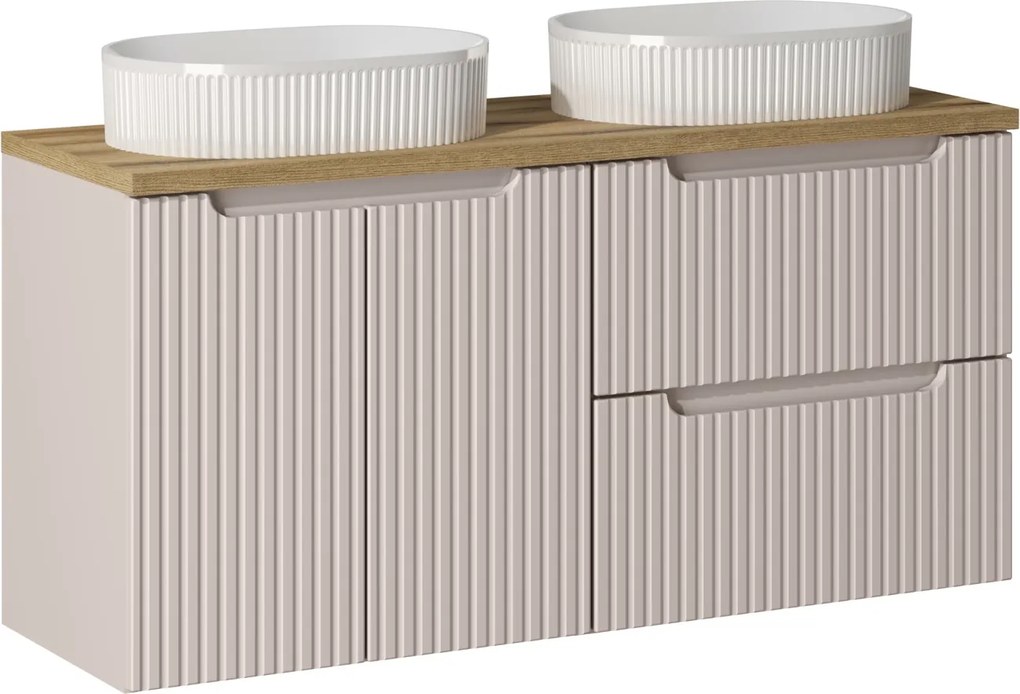 Szafka łazienkowa 120 cm Nova z białymi umywalkami Beyond, kaszmir mat/dąb coast evoke