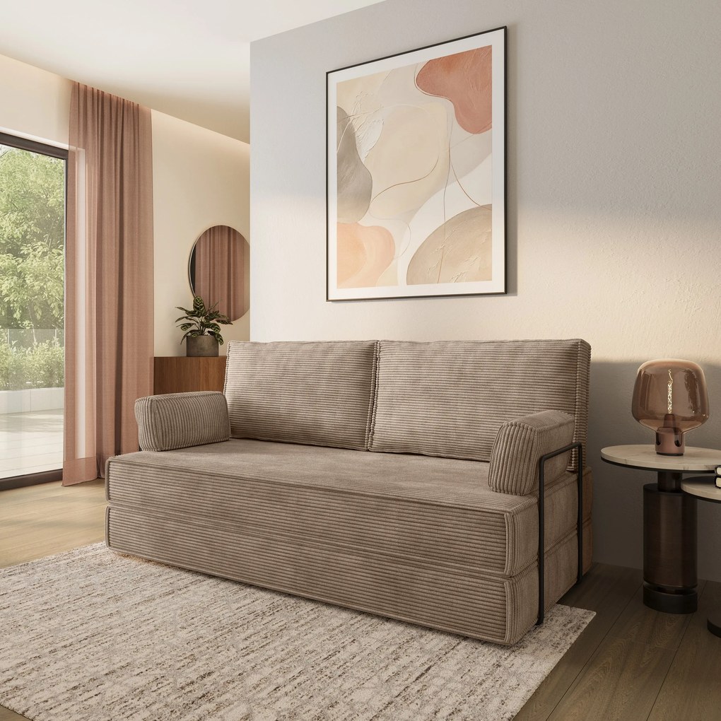 Masseno Sofa piankowa SILAR z funkcją spania, Kanapa z pianki do salonu, Bezmontażowa, Tkanina sztruksowa – Beżowy POSO 02