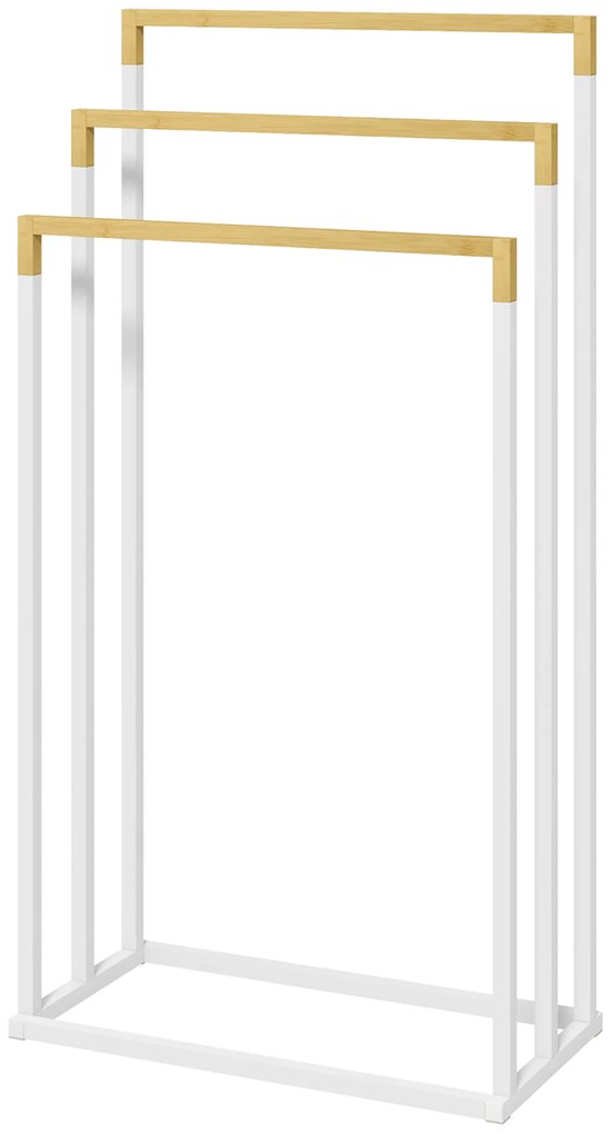 kleankin Zestaw Stojaków na Ręczniki 3 Drążki, Design Przemysłowy, Bambus, 45 x 22,5 x 86 cm, Biały + Natur