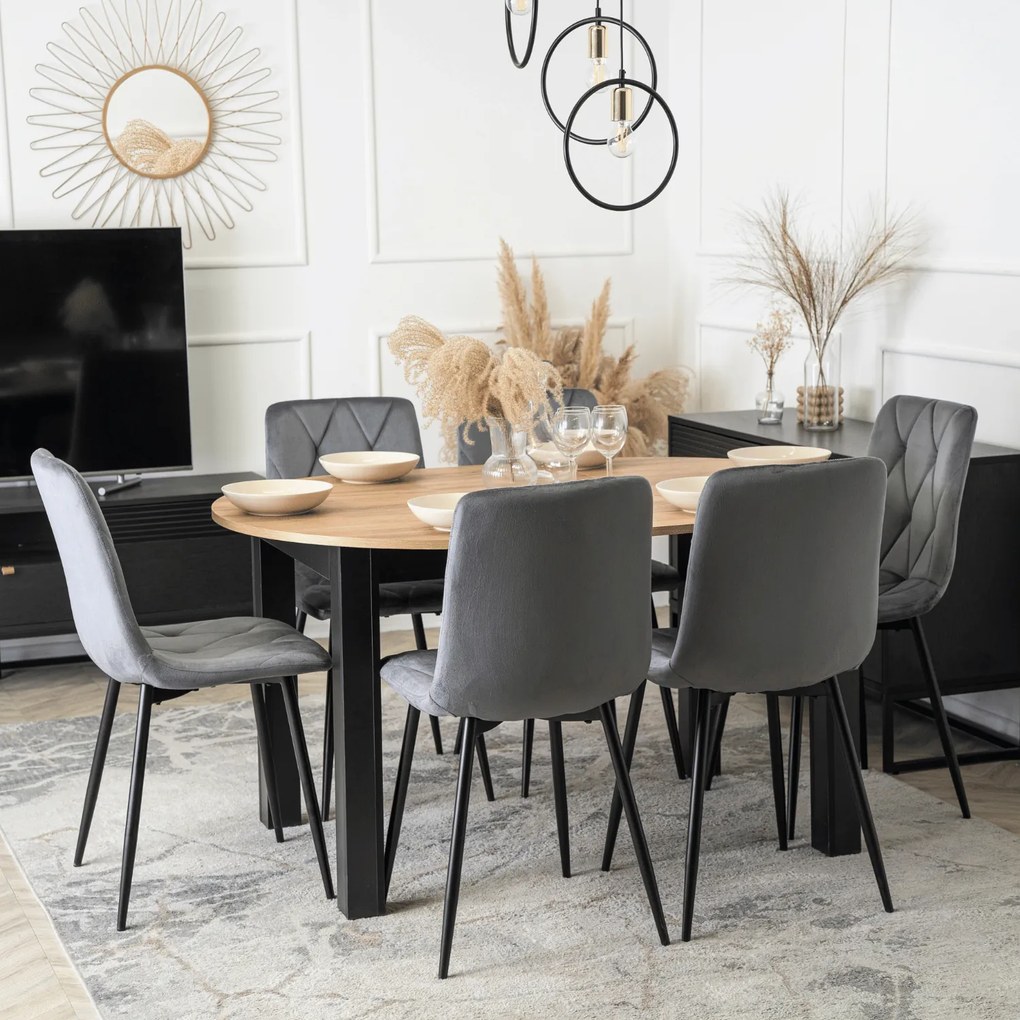 Zestaw Stół Okrągły Rozkładany HARRY 102-142 cm Dąb Craft/Czarny i 6 Krzeseł Tapicerowanych ROBIN Szarych Nowoczesnych