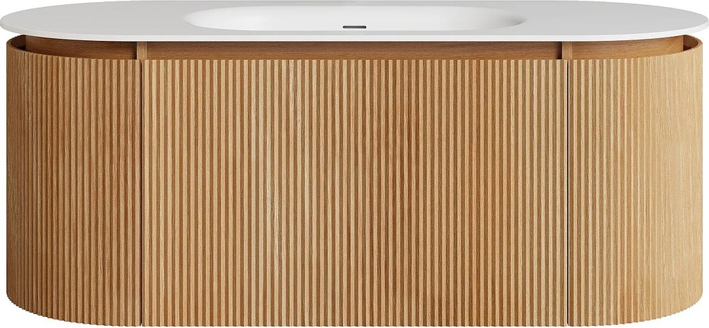 Wisząca szafka łazienkowa z prążkowanego drewna jesionowego z umywalką wpuszczaną z białej matowej żywicy – Jasny naturalny - szer. 120 cm - LILIKO