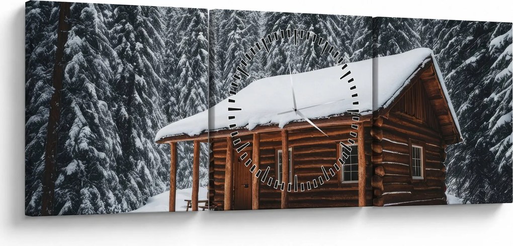 Obraz - Pokryta śniegiem chata (z zegarem) (90x30 cm)