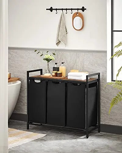 Kosz na bieliznę z półką BERGEN, 3x38l, czarny/brązowy SongmicsHome