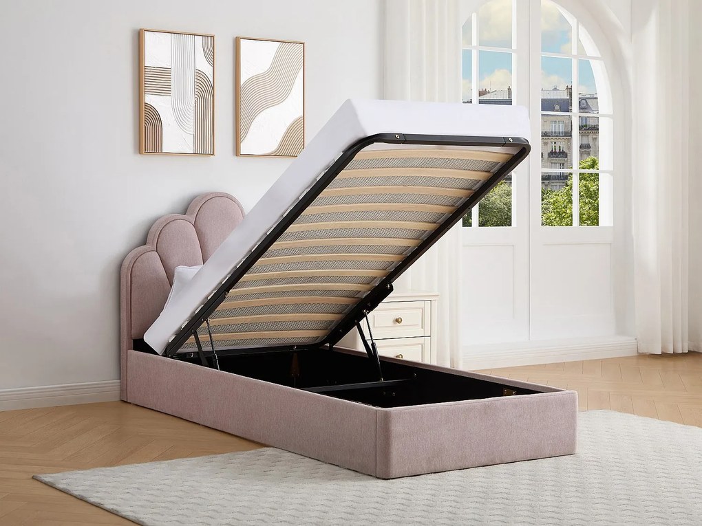 Łóżko muszla ze skrzynią  90 x 190 cm – Tkanina – Różowe + Materac - CORALUNO