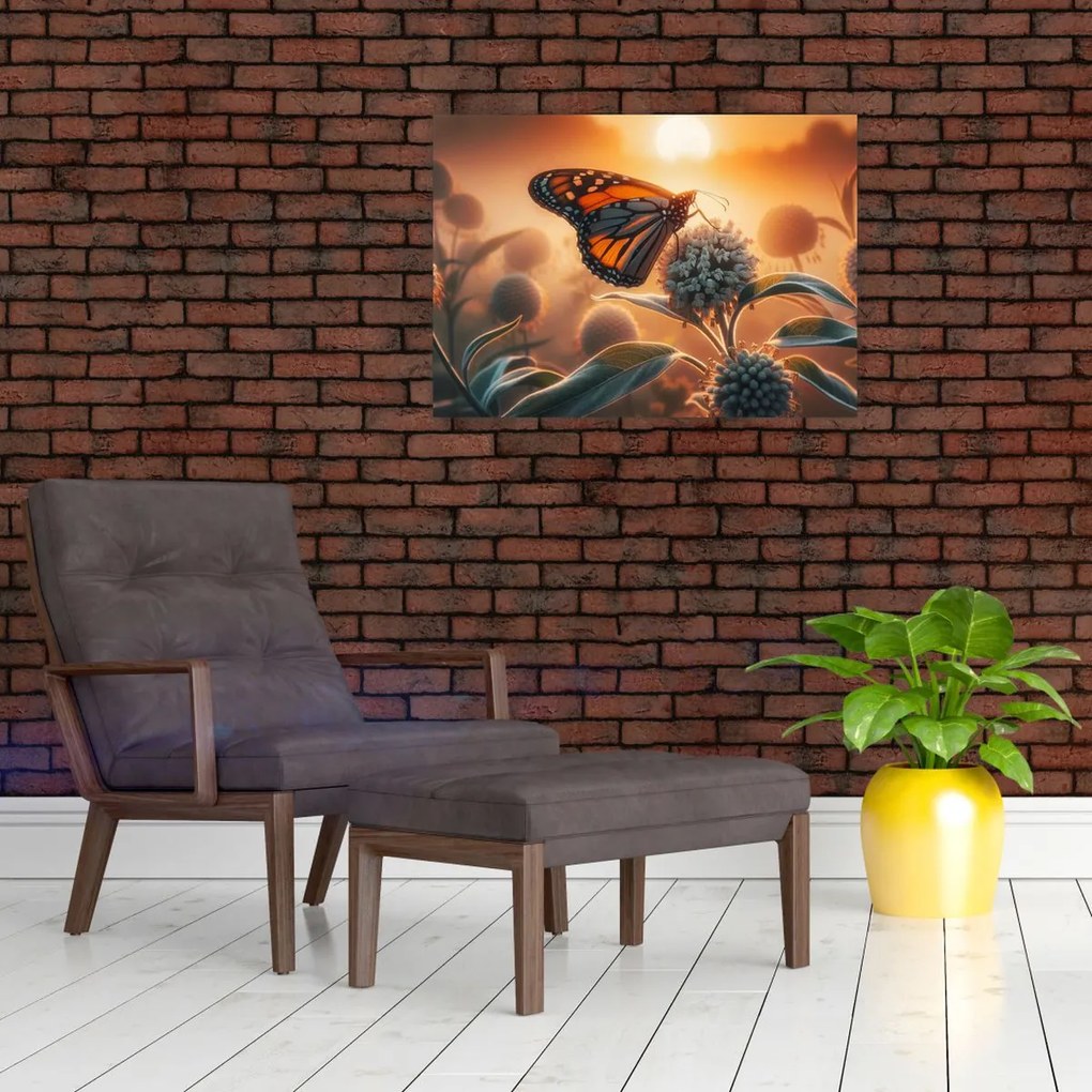 Obraz na szkle – Motyl w zachodzącym słońcu (70x50 cm)