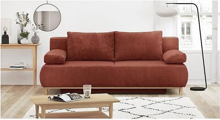 Kanapa Rozkładana 3-osobowa MIKA Wełna Sztruksowa Terracotta z Pojemnikiem na Przechowywanie