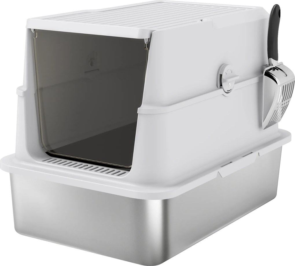 PawHut Kuweta dla Kotów, Stal Nierdzewna, XL Wnętrze, z Łopatką, Jasnoszary