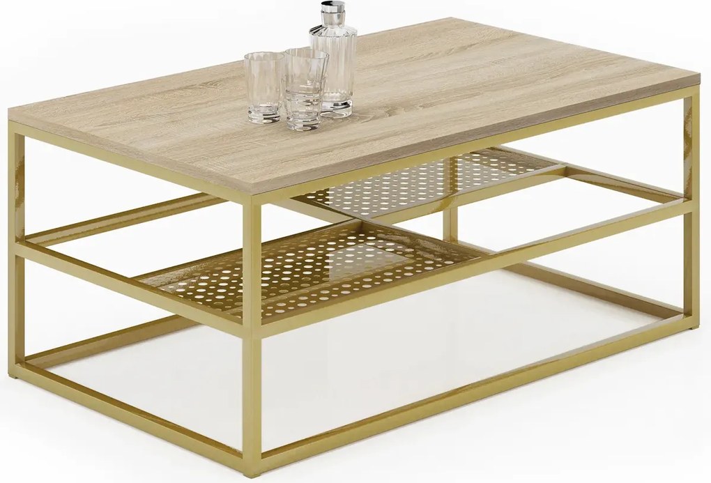Stolik z półkami glamour dąb sonoma + złoty G0-W54