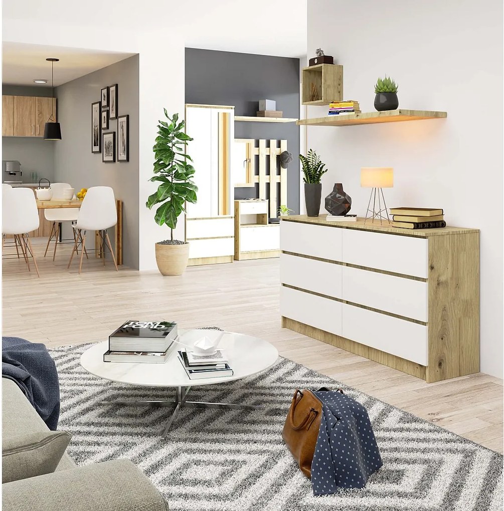 Komoda AKORD K140 Dąb Artisan 138 cm 6 szuflad kolor Biały mat 138x40x77 cm