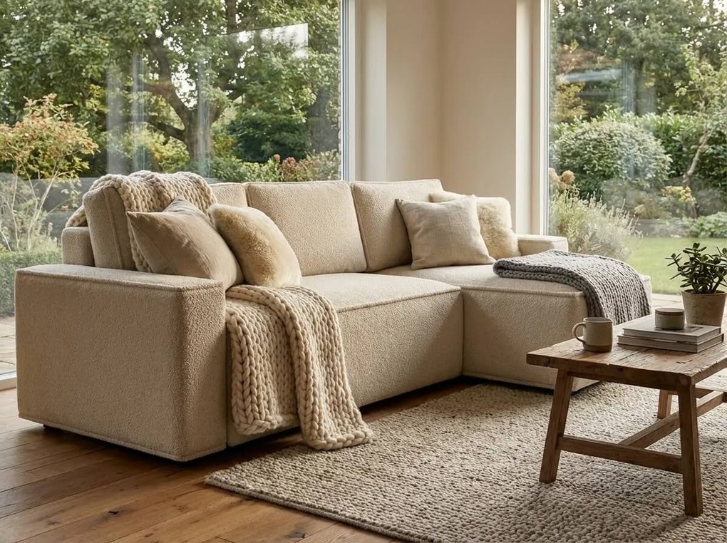 Rozkładana narożna sofa SMART BOUCLE 232x143 cm, kremowa, uniwersalna