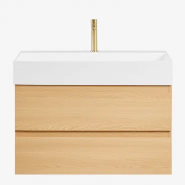Zestaw Wiszących Mebli Łazienkowych Z Drewna I Forniru Jesionowego Zintegrowany Z Umywalką Ona Naturalna - Sklum