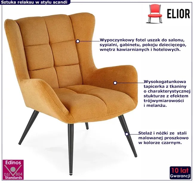 Musztardowy pikowany fotel uszak N3-H65