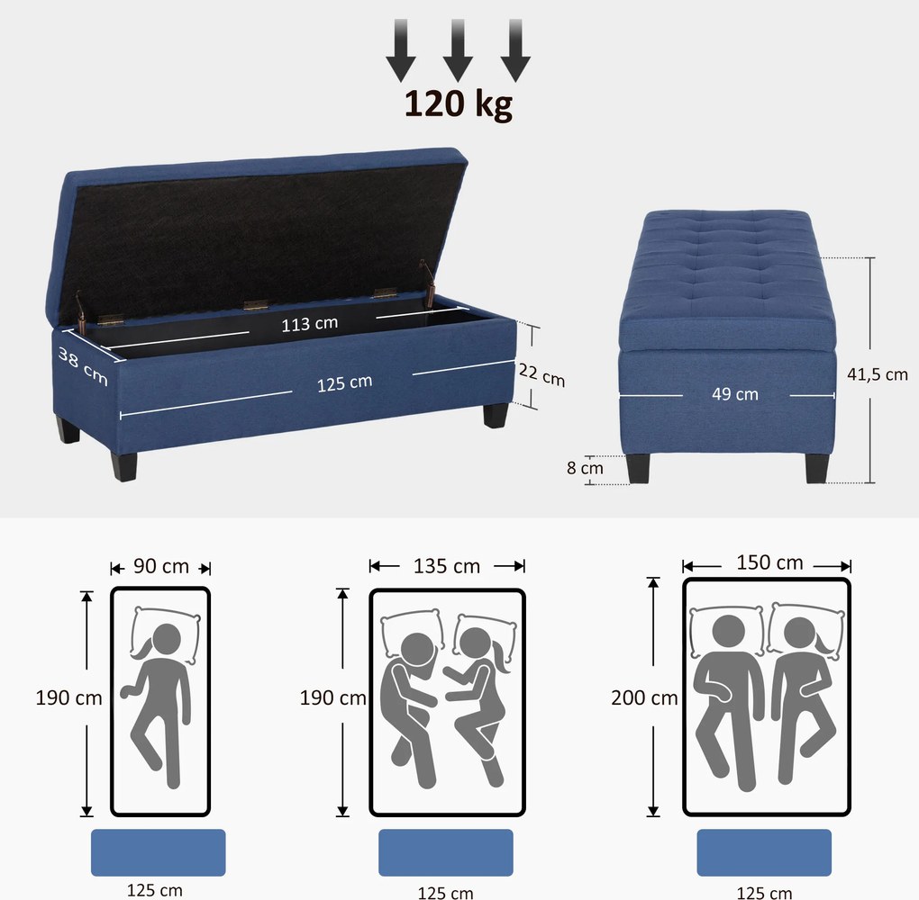 HOMCOM Ławka z miejscem do przechowywania, pufa, ławka do przedpokoju, pikowanie, 125,1 cm x 48,9 cm x 41,3 cm, Niebieska