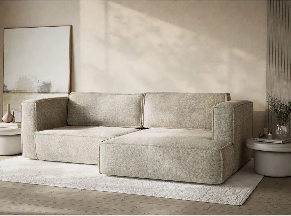 Beżowy rozkładany narożnik ze schowkiem z tkaniny szenilowej (prawostronny/z szezlongiem) Velto – Maison de Rêve