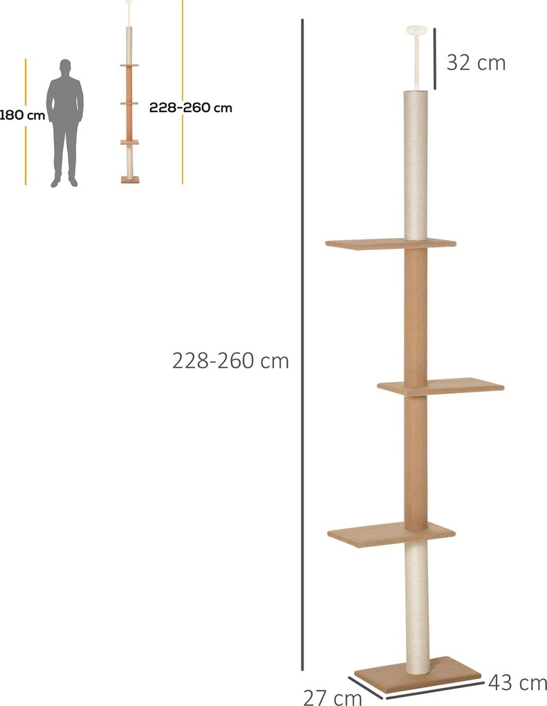 PawHut Drapak dla kota z regulowaną wysokością Khaki Stabilna konstrukcja 43x27x228-260cm | Aosom PL