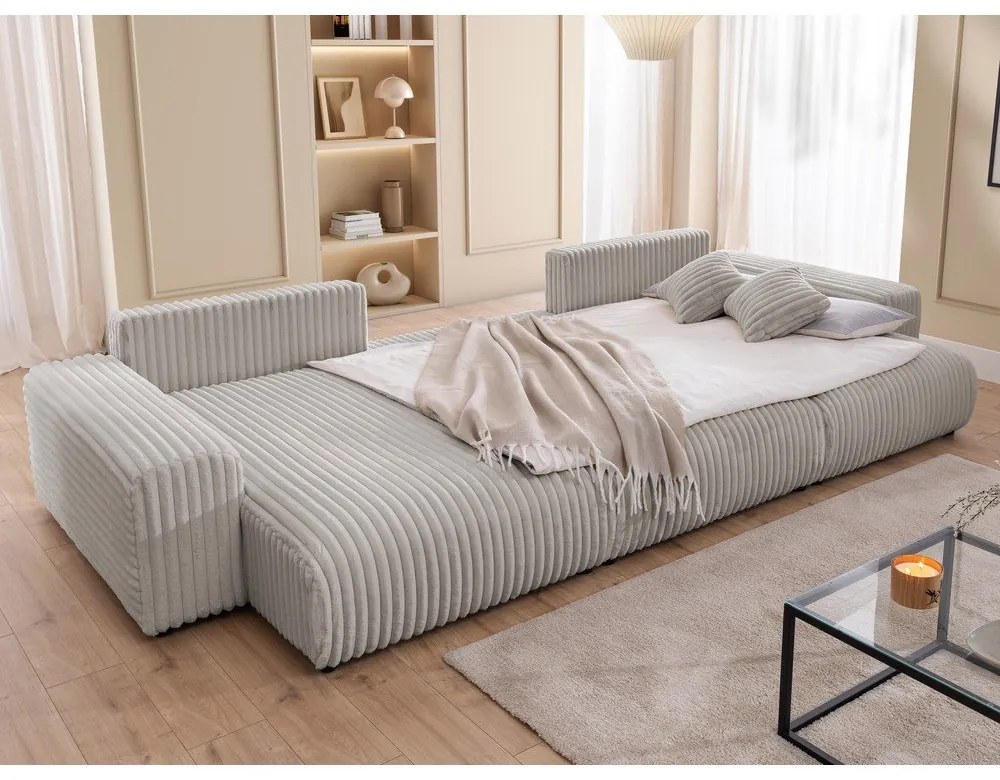 Jasnoszary sztruksowy rozkładany narożnik ze schowkiem (w kształcie litery U) Sarina – Ropez