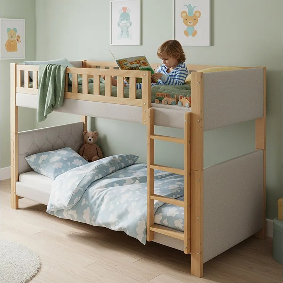 Łóżko piętrowe dla dzieci - 2 x 90 x 200 cm - z amortyzującymi krawędziami z pianki - drewno + MDF - szary + naturalny