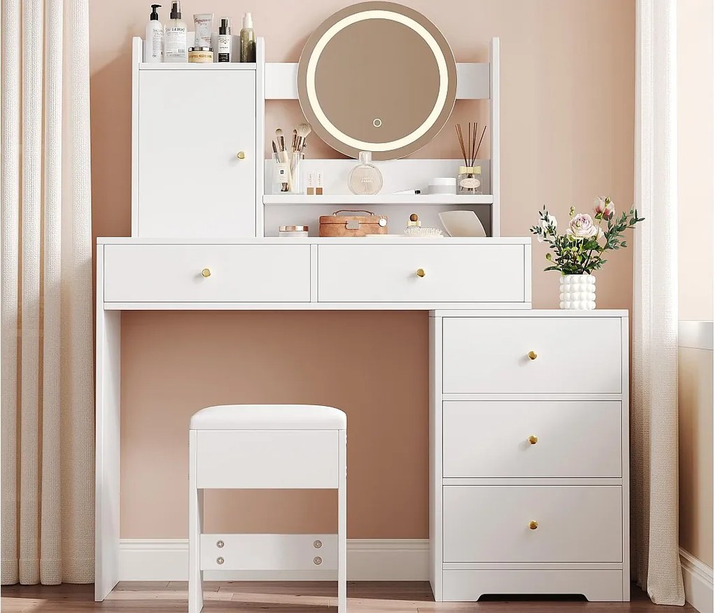 Toaletka z lustrem 132x40x90cm - z regulowanym oświetleniem LED - z 1 stołkiem - z gniazdkiem - z 5 szufladami i 1 drzwiami - Biały