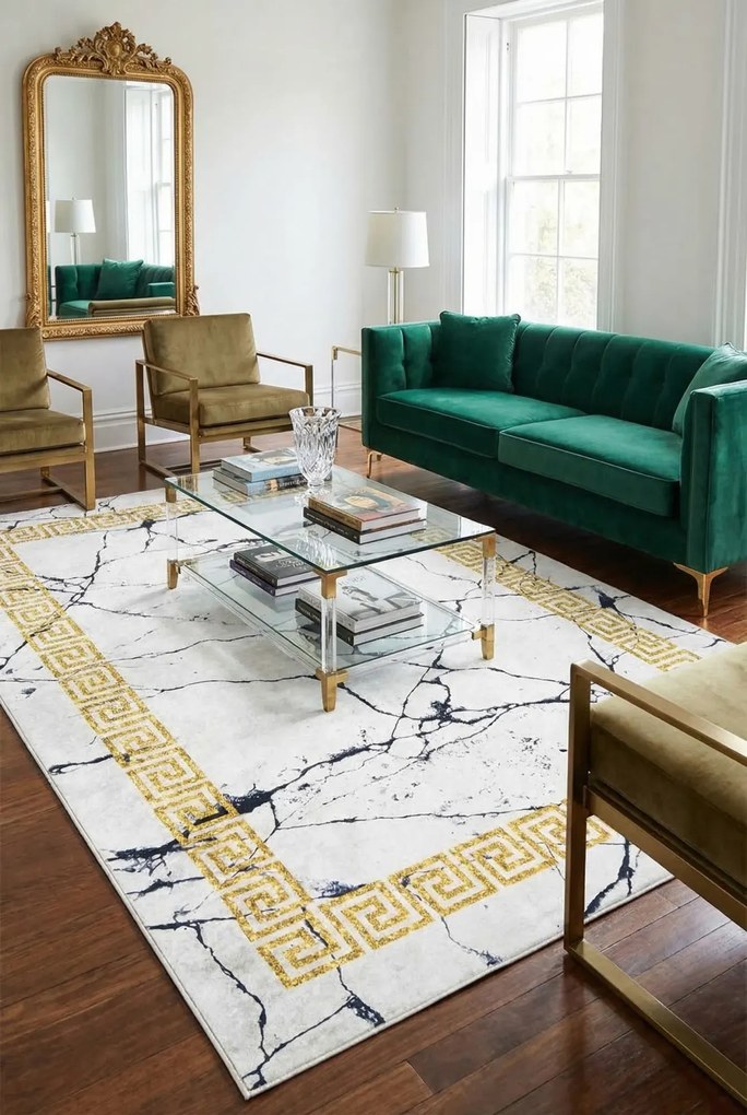 Szary dywan w stylu glamour ze złota ramką F0-B37