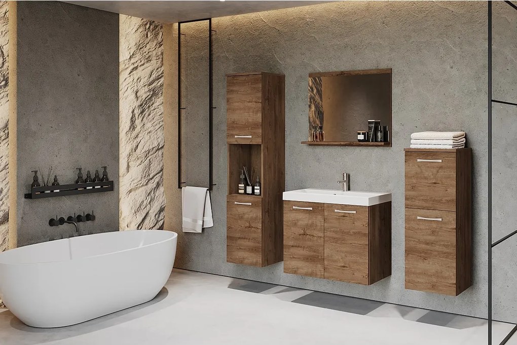 meble łazienkowe, zestaw wiszący do łazienki z umywalką, lustrem i 2 słupkami, lefkas mat