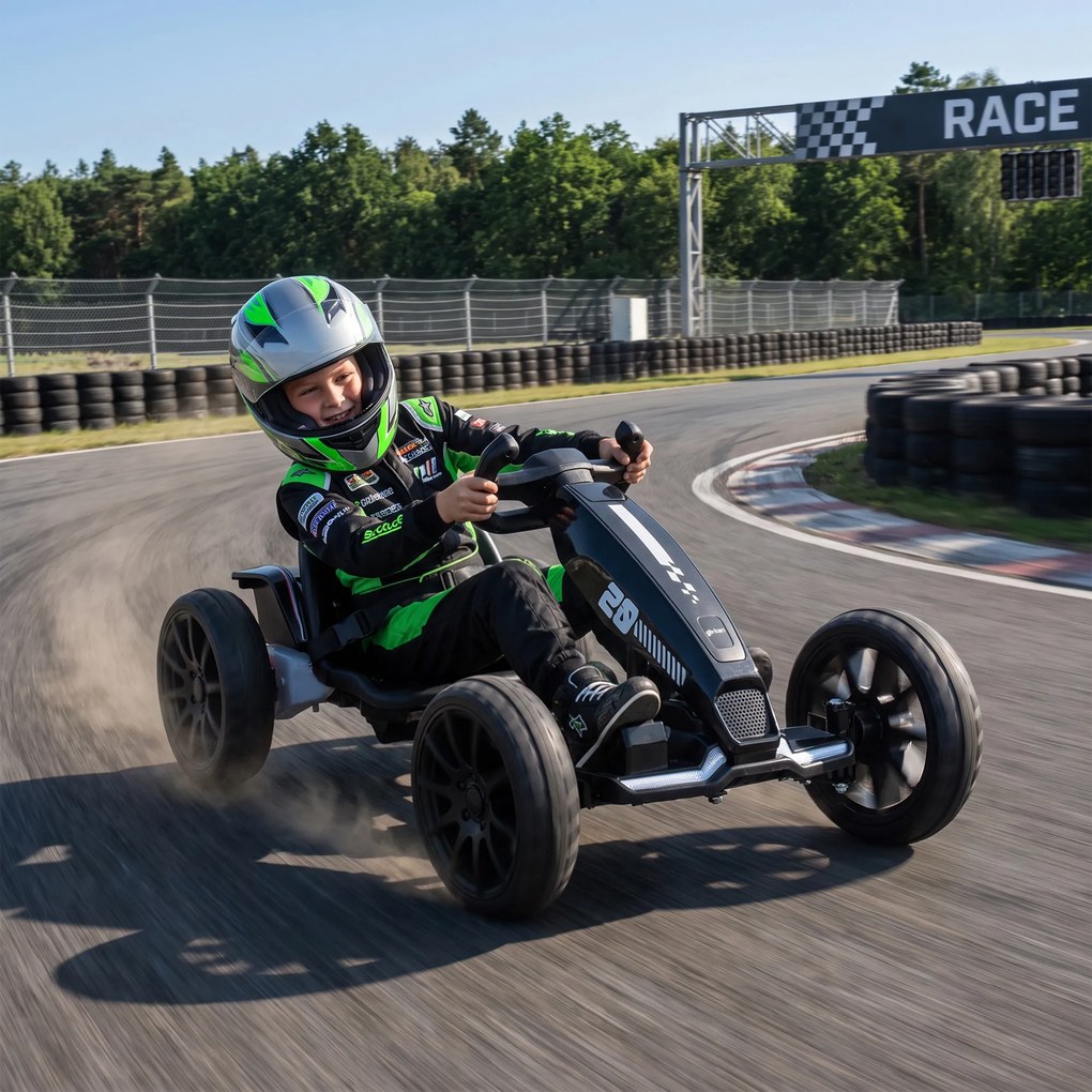 AIYAPLAY Elektryczny gokart dla dzieci 12V z 2 silnikami, 4-stopniowo regulowane siedzenie, system miękkiego startu, koła EVA, reflektory LED | Aosom PL