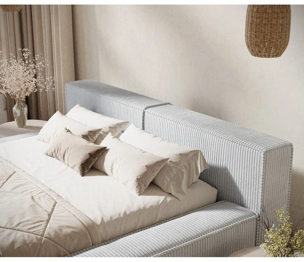 Jasnoszare tapicerowane łóżko dwuosobowe ze schowkiem ze stelażem 160x200 cm Voliera – Maison de Rêve