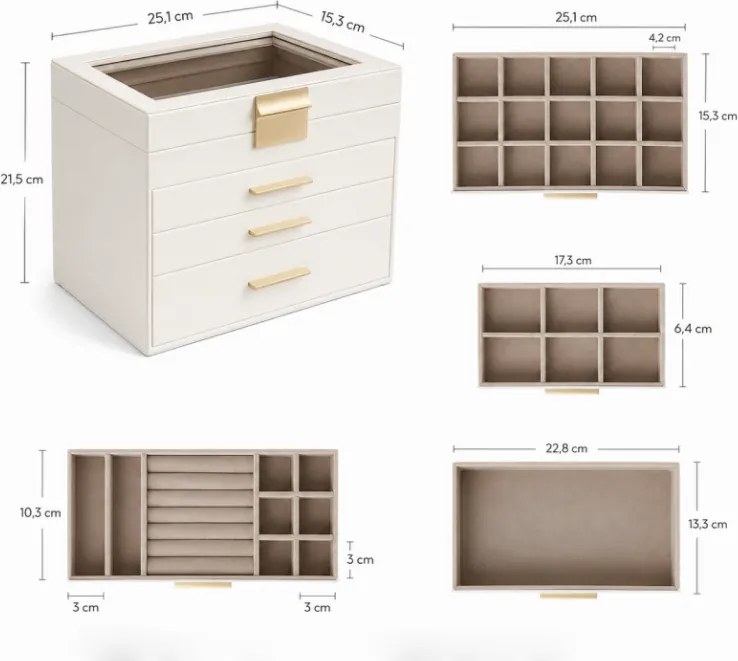 Szkatułka na biżuterię ELEGANT CASE 25,1x21,5x15,3 cm z eko skóry, beżowa