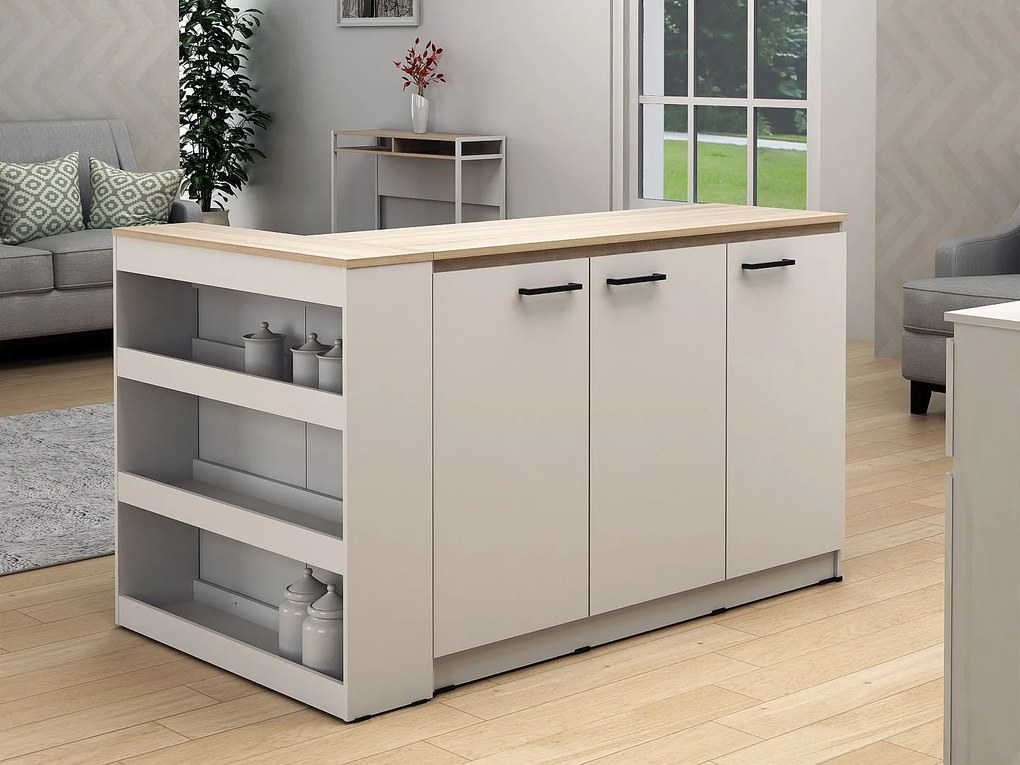 Zestaw wyspa kuchenna + 2 stołki barowe - Biały i Naturalny jasny - NUSICE