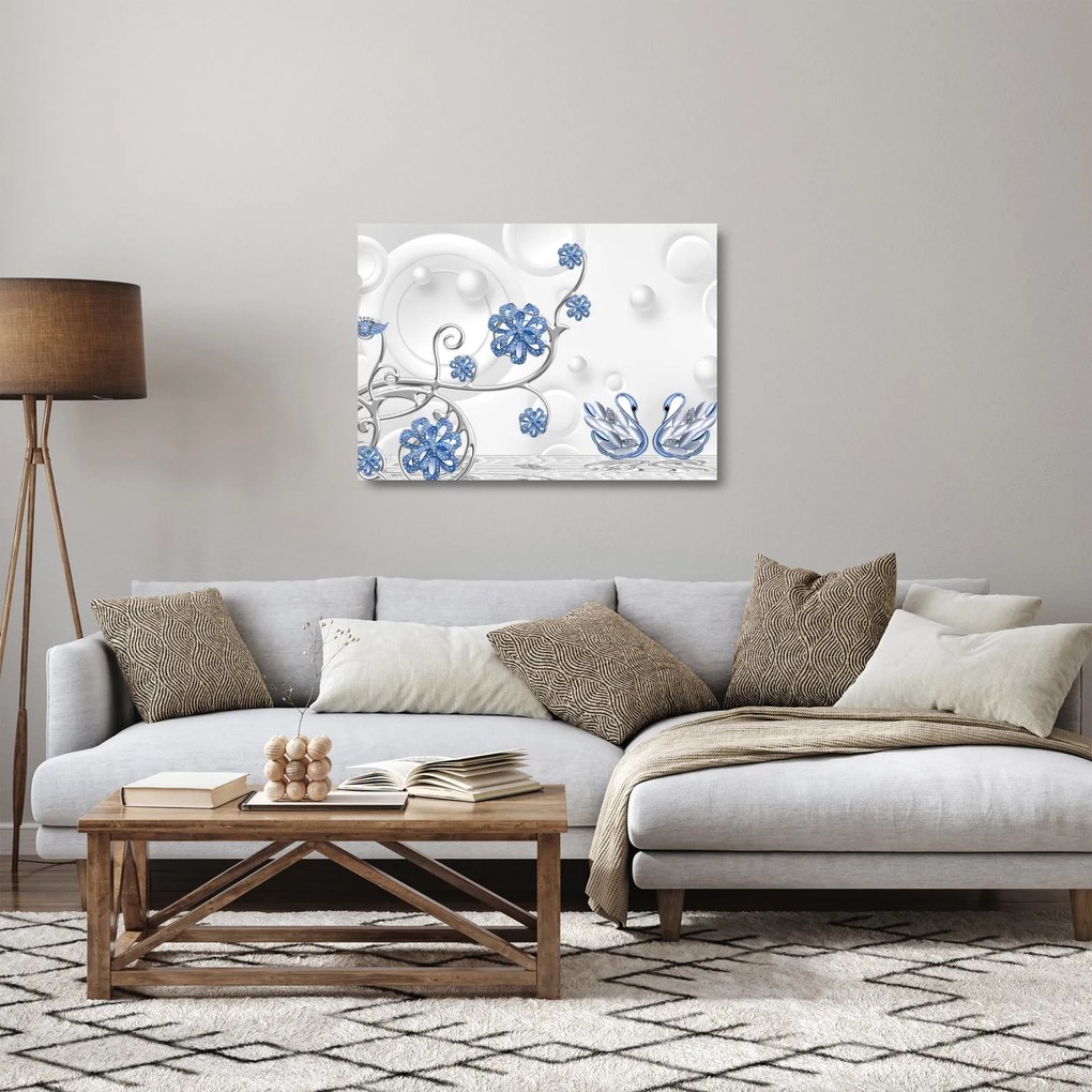 Obraz na szkle - Niebieskie łabędzie (70x50 cm)