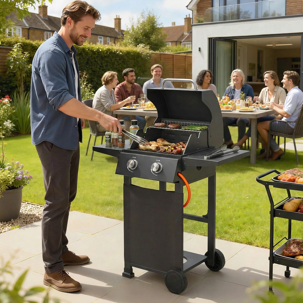 Outsunny Grill gazowy 5,4 kW, 2 palniki, stalowy wózek grillowy z termometrem, chromowany ruszt i półka do podgrzewania | Aosom PL