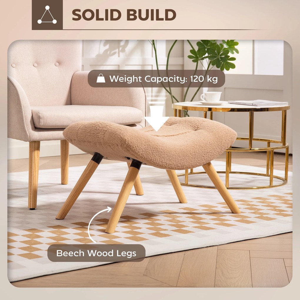 HOMCOM Nowoczesny podnóżek z pokryciem z polaru i nogami z drewna, tapicerowany, do salonu, sypialni, korytarza, Brązowy